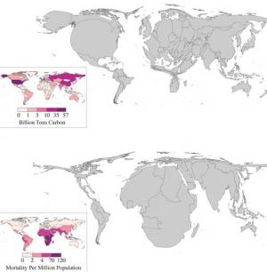 Arriba:_extensión_del_País_según_cuota_de_emisión_de_CO2._Abajo:_países_según_el_indice_de_riesgo_de_ser_afectados_por_cambio_climático