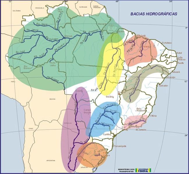 Principales cuencas hidrográficas de Brasil. Fuente: Wikipedia en Español