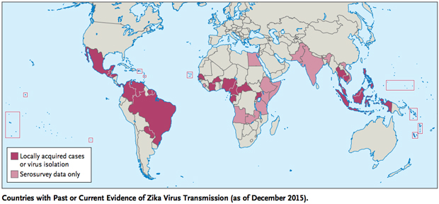 Mapa de la distribución mundial de virus Zika hasta diciembre de 2015.