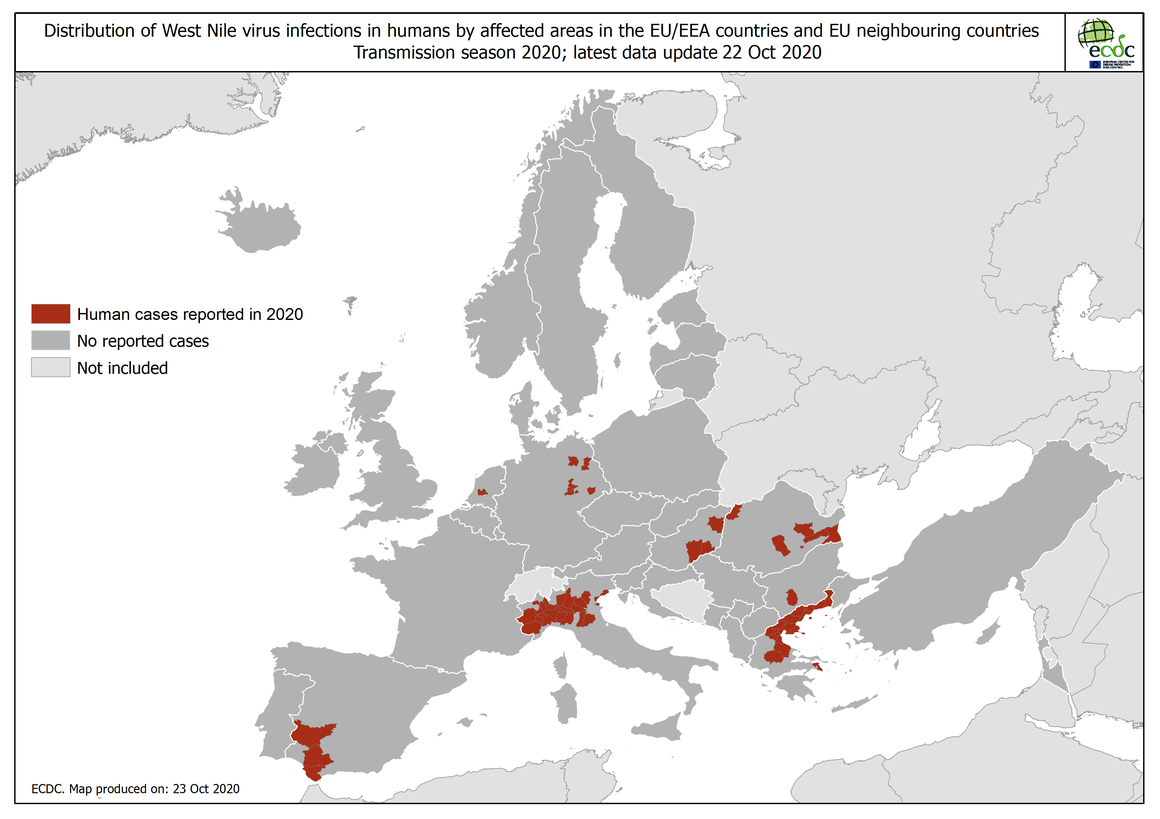 West Nile virus human cases in Europe in 2020 - Updated 22 Oct