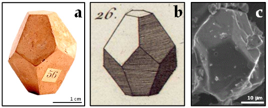 Formas cuasicristalinas: pieza cermica del Museo de la Geologa de la UCM (a), su correspondiente dibujo del libro de Rom de L'Isle (b) y una imagen obtenida mediante microscopa electrnica de barrido de un cuasicristal (c). Imgenes: Toya Legido (a); Cristallographie, Rom de L'Isle (1783) (b) y Jamshidi et al., 2014 (c)