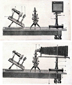 Instalacin original de Orueta para microfotografas con el microscopio en cualquier posicin, y especialmente en la inclinada. Arriba, posicin normal de trabajo, es decir, la de observacin directa. Abajo, la cmara est en posicin para tomar la microfotografa.