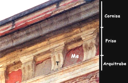 Aspecto del entablamiento dórico formado por arquitrabe, friso (ME:metropas, T: Triglifos), y cornisa (F. Mingarro)
