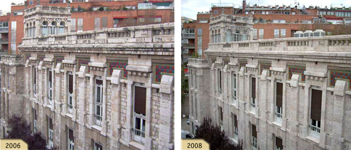 Estado de la fachada Sureste de la nave Suroeste antes y despus de la reciente restauracin integral de las fachadas efectuada.