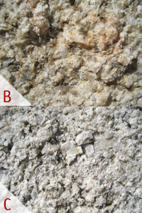 B - Leucogranito claro-dorado de grano medio y con abundante feldespato. C - Leucogranito claro-blanco de grano grueso y mucho feldespato.