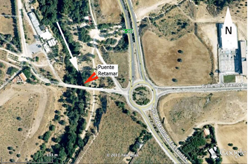 Foto satélite (Google Earth) de la localización del Puente de Retamar (40º31'09.98" N, 3º56'22.99" O. 30 T 0420431, UTM 4485858 ±3m