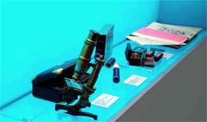 Microscopio de campo y accesorios. Coleccin de Artes decorativas e Instrumentos Cientficos del MNCN-CSIC (en segundo plano de la imagen): Material filoxrico montado por Graells. MNCN-CSIC