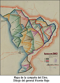 Mapa de la campaa del Ebro. Dibujo del general Vicente Rojo
