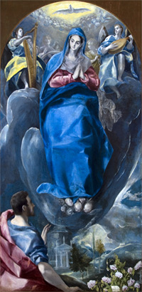 Domenikos Theotokpoulos, el Greco. La Inmaculada vista por San Juan, c. 1585. leo sobre lienzo. Toledo, Parroquia de Santa Leocadia y San Romn