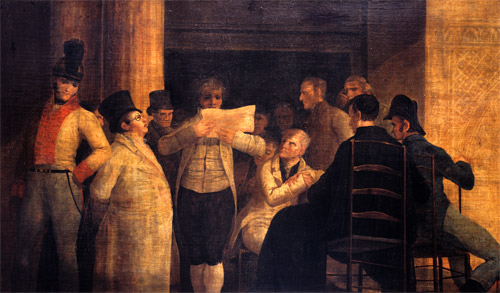 Una lectura en el Caf de Levante de Madrid, Siglo XIX. leo sobre lienzo. 81,5 x 127,5. Fundacin Lzaro Galdiano
