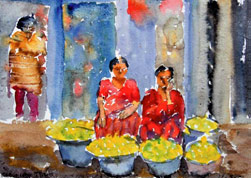 Mujeres vendiendo en el mercado en Kathmandu. Nepal. Acuarela/papel. 21 x 30 cm. 2006