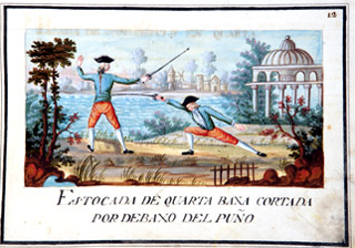 Juan Nicols Perinat. Arte de Esgrimir Florete, y Sable. Manuscrito. Encuadernacin en tafilete. 1757. [1] h., 81 f., [2] h.; 32 lm.; 215 x 318 mm. Fundacin Lzaro Galdiano, Inv. 15139.