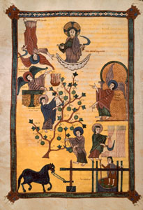 Vendimia y pisado de la uva. Beato de Libana de Burgo de Osma. Biblioteca de la catedral de Burgo de Osma. Obispado de Soria