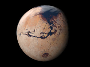 Representacin artstica de los antiguos ocanos de Marte, Imagen realizada por Kees Veenenbos a partir de datos de altimetra obtenidos por el Mars Global Surveyor (NASA)