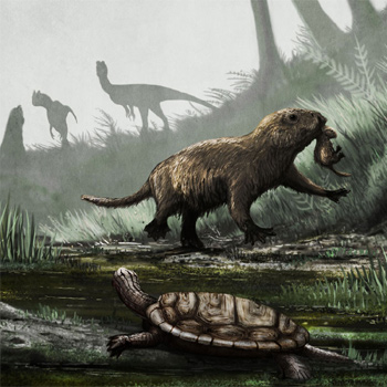 Escena de la Formación Kayenta, con el (posiblemente) semicuatico cynodont Kayentatherium, la tallo-tortuga Kayentachelys, y el depredador más famoso del Jurásico Inferior, Dilophosaurus. / Mark Witton (UCL)