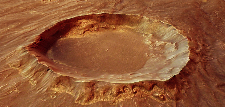 Vista en perspectiva del cráter en la Montaña de Thaumasia en Marte. / ESA/DLR/FU Berlin, CC BY-SA 3.0 IGO