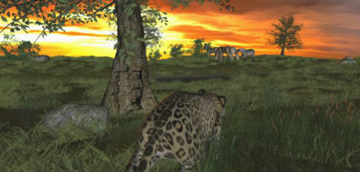 Jaguar (Panthera gombaszoegensis) acechando a unos caballos en lo que podría ser algún lugar del sur de Europa hace un millón de años / Jesús Rodríguez