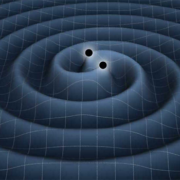 Representación artística de un doble agujero negro produciendo ondas gravitacionales. / NASA