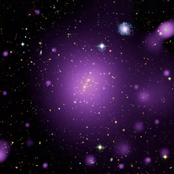 Brillo en rayos X (en esta imagen, en púrpura) emitido por el gas caliente que impregna el cúmulo galáctico. / ESA/XMM-Newton (X-rays); CFHT-LS (optical); XXL Survey
