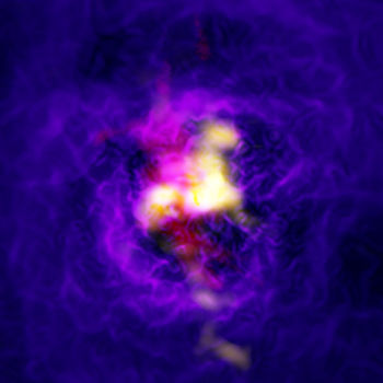Composición del cúmulo de galaxias Abell 2597 mostrando el flujo de gas en forma de fuente, alimentado por el agujero negro supermasivo de la galaxia central. / ALMA (ESO/NAOJ/NRAO), Tremblay et al.; NRAO/AUI/NSF, B. Saxton; NASA/Chandra; ESO/VLT