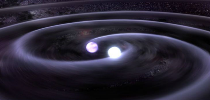 Ilustración de un sistema binario de estrellas de neutrones en proceso de fusión, con emisión de ondas gravitatorias. / GSFC/D.Berry.