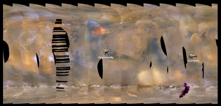 Este conjunto de imágenes del Mars Reconnaissance Orbiter (MRO) de la NASA muestra una feroz tormenta de polvo gigante que está surgiendo en Marte, con rovers en la superficie indicados como iconos. / NASA/JPL-Caltech/MSSS (PIXABAY)