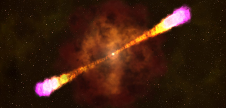 Recreación artística de una explosión de rayos gamma, que se cree que ocurre cuando una estrella masiva colapsa, forma un agujero negro y dispara chorros de partículas hacia fuera a casi la velocidad de la luz. / Goddard Space Flight Center de la NASA.