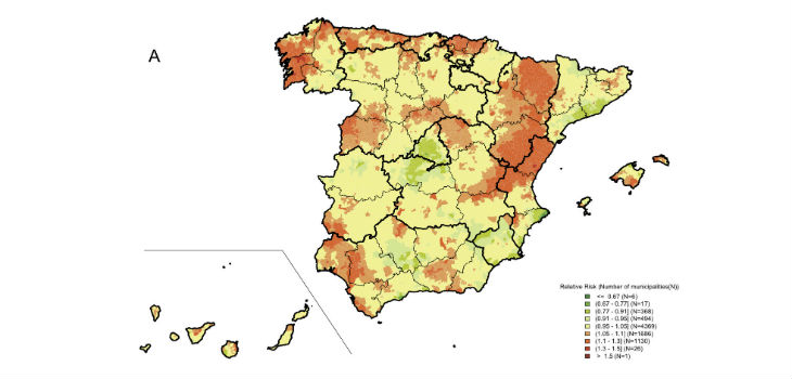 Mortalidad por cáncer de próstata en España entre 2010 y 2014 (hombres> = 65 años). Distribución municipal del riesgo relativo de muerte. / https://doi.org/10.1371/journal.pone.0210980.s001