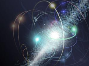 En esta representación artística, un electrón orbita el núcleo de un átomo, girando alrededor de su eje mientras una nube de otras partículas subatómicas se emiten y reabsorben constantemente. / Nicolle R. Fuller, NSF (NSF)