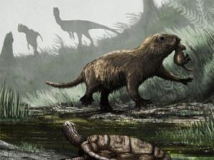 Escena de la Formación Kayenta, con el (posiblemente) semicuatico cynodont Kayentatherium, la tallo-tortuga Kayentachelys, y el depredador más famoso del Jurásico Inferior, Dilophosaurus. / Mark Witton (UCL)
