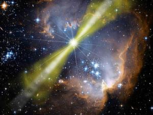 Ilustración del artista de un modelo de estallido brillante de rayos gamma GRB 080319B. / NASA/Swift/Mary Pat Hrybyk-Keith and John Jones (WIKIMEDIA)