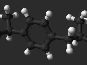  Modelo de bola y palo de la molécula de (S) -ibuprofeno, basado en datos de difracción de neutrones de N. Shankland, C. C. Wilson, A. J. Florence y P. J. Cox (1997). "Refinamiento de ibuprofeno a 100K por difracción de neutrones pulsados ​​de cristal único". / Acta Crystallographica Section C 53: 951-954. DOI:10.1107/S0108270197003193