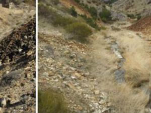 Izquierda, imágenes de los restos de una mina abandonada, a la derecha el torrente de agua que transporta los elementos contaminantes. / Fernando Garrido