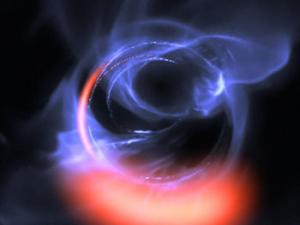 Esta visualización usa datos provenientes de simulaciones de movimientos orbitales de gas, girando a aproximadamente un 30% de la velocidad de la luz en una órbita circular alrededor del agujero negro. / ESO/Gravity Consortium/L. Calçada