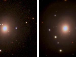 A LA IZQUIERDA: Imagen de la galaxia NGC4993 tomada por DES (Dark Energy Survey)  el 18 de agosto de 2017 en la que se señala la posición de la primera detección óptica de la explosión (Kilonova) resultante del choque de dos estrellas de neutrones. DERECHA: Imagen de la misma galaxia tomada 14 días después,  en la ya no se ve rastro de la explosión.