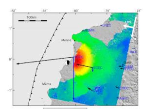 Campo de desplazamiento cosísmico obtenido a partir de datos InSAR y GNSS del terremoto de Pedernales de Mw 7.8 del 16 de abril de 2016. / Béjar-Pizarro et al., 2018