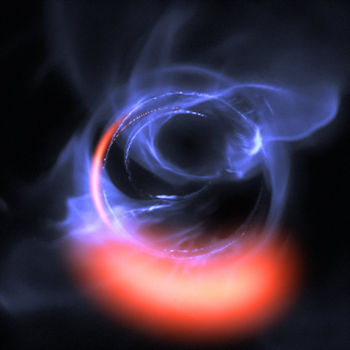 Esta visualización usa datos provenientes de simulaciones de movimientos orbitales de gas, girando a aproximadamente un 30% de la velocidad de la luz en una órbita circular alrededor del agujero negro. / ESO/Gravity Consortium/L. Calçada