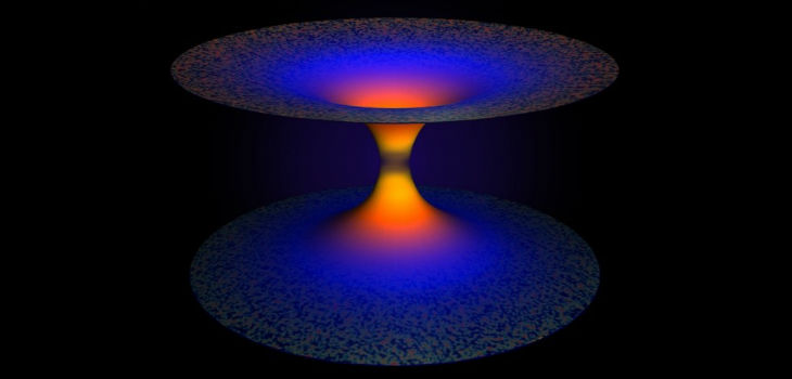 Representación artística de los efectos de gravedad cuántica de bucle en un agujero negro. La mitad inferior de la imagen muestra el agujero negro que, según la relatividad general, atrapa todo, incluida la luz. /  Crédito: A. Corichi y JP Ruiz. LSU.