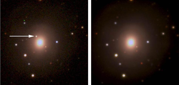 A LA IZQUIERDA: Imagen de la galaxia NGC4993 tomada por DES (Dark Energy Survey)  el 18 de agosto de 2017 en la que se señala la posición de la primera detección óptica de la explosión (Kilonova) resultante del choque de dos estrellas de neutrones. DERECHA: Imagen de la misma galaxia tomada 14 días después,  en la ya no se ve rastro de la explosión.