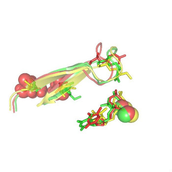 Vista del centro activo de la retrotranscriptasa mostrando cambios estructurales que se asocian con resistencia a fármacos antirretrovirales.