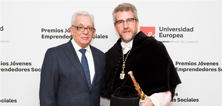 El rector, Juan Morote Sarrión, con el director de la Fundación madri+d, Jesús Sánchez Martos.