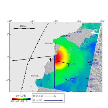 Campo de desplazamiento cosísmico obtenido a partir de datos InSAR y GNSS del terremoto de Pedernales de Mw 7.8 del 16 de abril de 2016. / Béjar-Pizarro et al., 2018