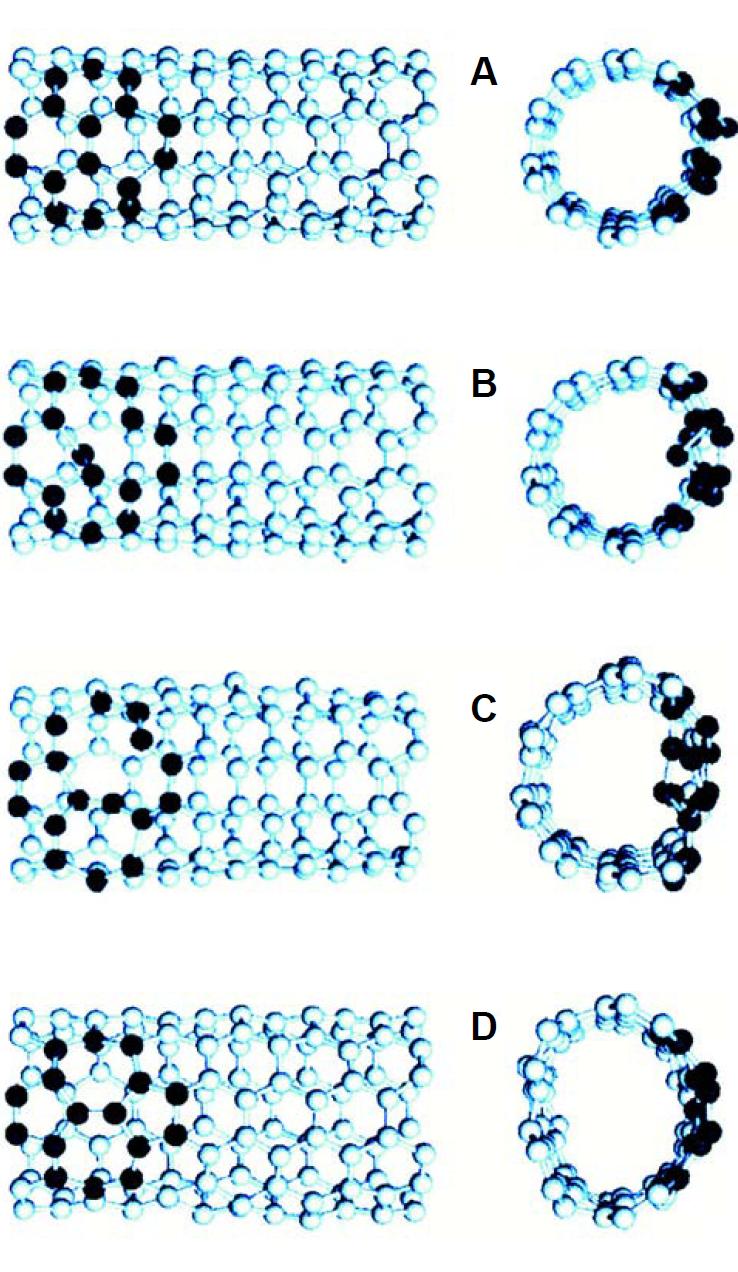 Formación de un defecto en un nanotubo de carbono sometido a tracción. (a) Situación inicial; (b) rotura de un enlace; (c) rotura de dos enlaces; (d) formación del defecto (5-7-7-5). Simulación usando dinámica molecular. (Para más detalles ver Bernholc, cap. 15 del libro Fiber Fracture, M. Elices y J. Llorca Eds.).