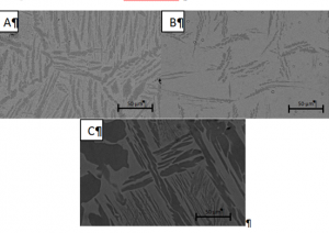 Figura 1 Imágenes de SEM de las muestras (A)Ti-7Fe (B) Ti-7Fe-5Cr (C) Ti-7Fe-3Al