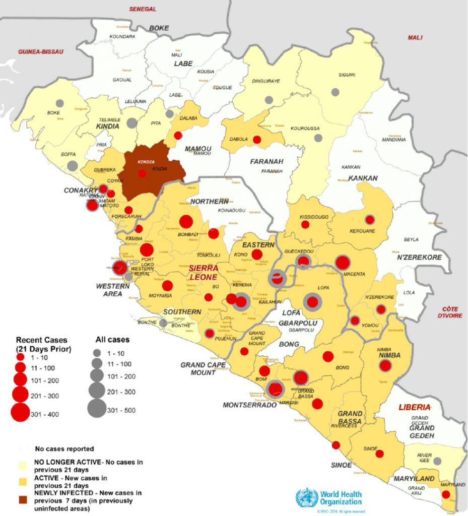 Distribución geográfica de los casos de infección por virus Ebola en África Occidental