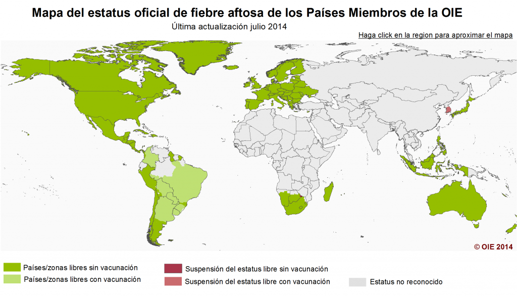 Mapa del estatus oficial de fiebre aftosa en los países de la OIE en 2014