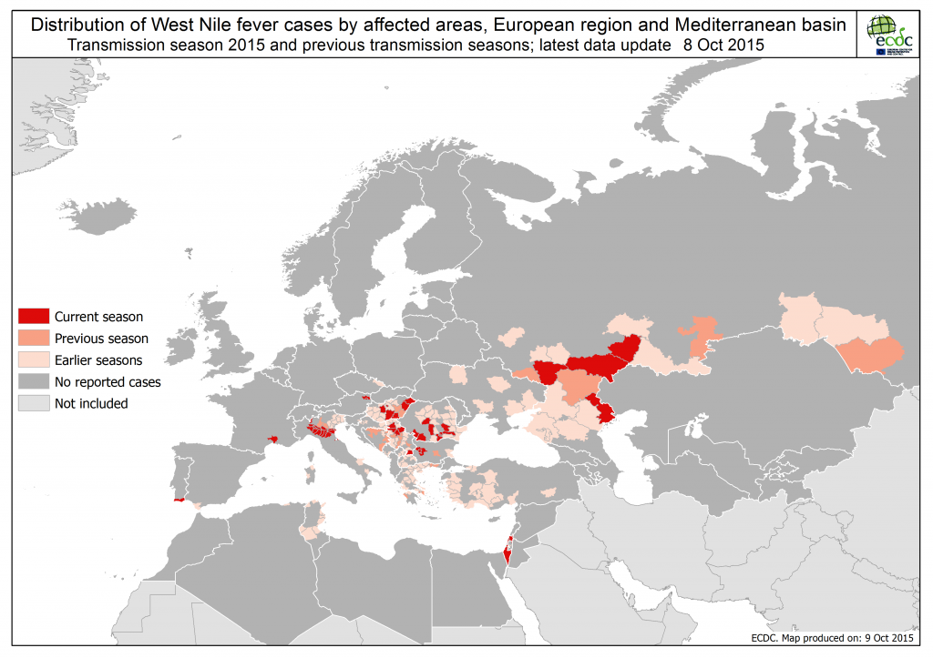 Casos de enfermedad por WNV en Europa 2010-2015