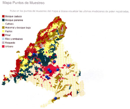 Mapa de Madrid con mediciones de polen de la Red Palinolgica. / A.G.B.