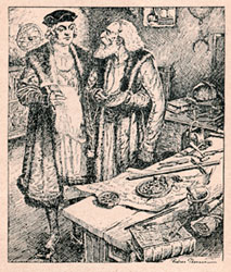 Cristobal Colón visitando a Zacuto en su gabinete de trabajo. Del libro: Don Abraham Zacuto: Rabí, astrónomo, historiógrafo, Oporto, 1946