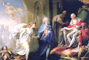 Godoy presentando la Paz a Carlos IV. Inventario 32, autor José Aparicio. Museo de la Real Academia de Bellas Artes de San Fernando